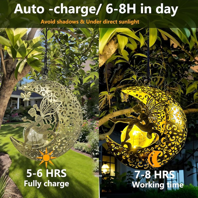 CF Solar Garden Fairy Statues Decor Hanging Lights,Outdoor Moon Decorations Metal Yard Art,Housewarming for Patio,Wall,Fences,Trail,Great Gift Idea for Gardening Mom and Grandma - Image 4